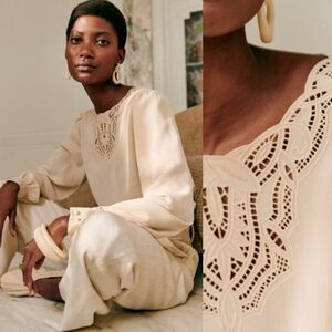 SEZANE Carlotta Blouse Size 34 US 2 NWT Cream Open Lace Longsleeve Top Shirt